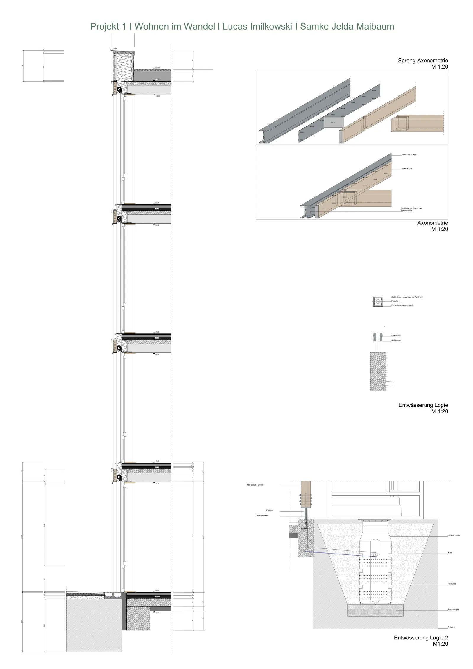 Spreng-Axonometrie, Axonometrie und Entwässerungsdetails der Loggia